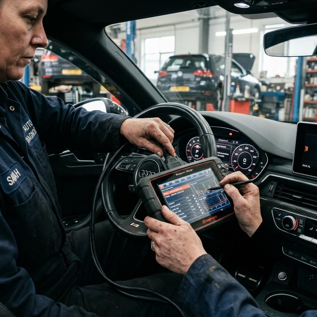 Mechanic running computer diagnostics on a vehicle