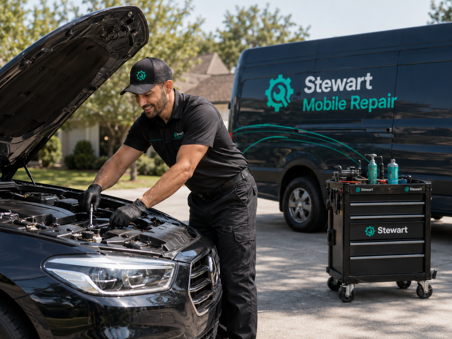 Stewart Mobile Repair mechanic working on a car at a customer location in Fremont